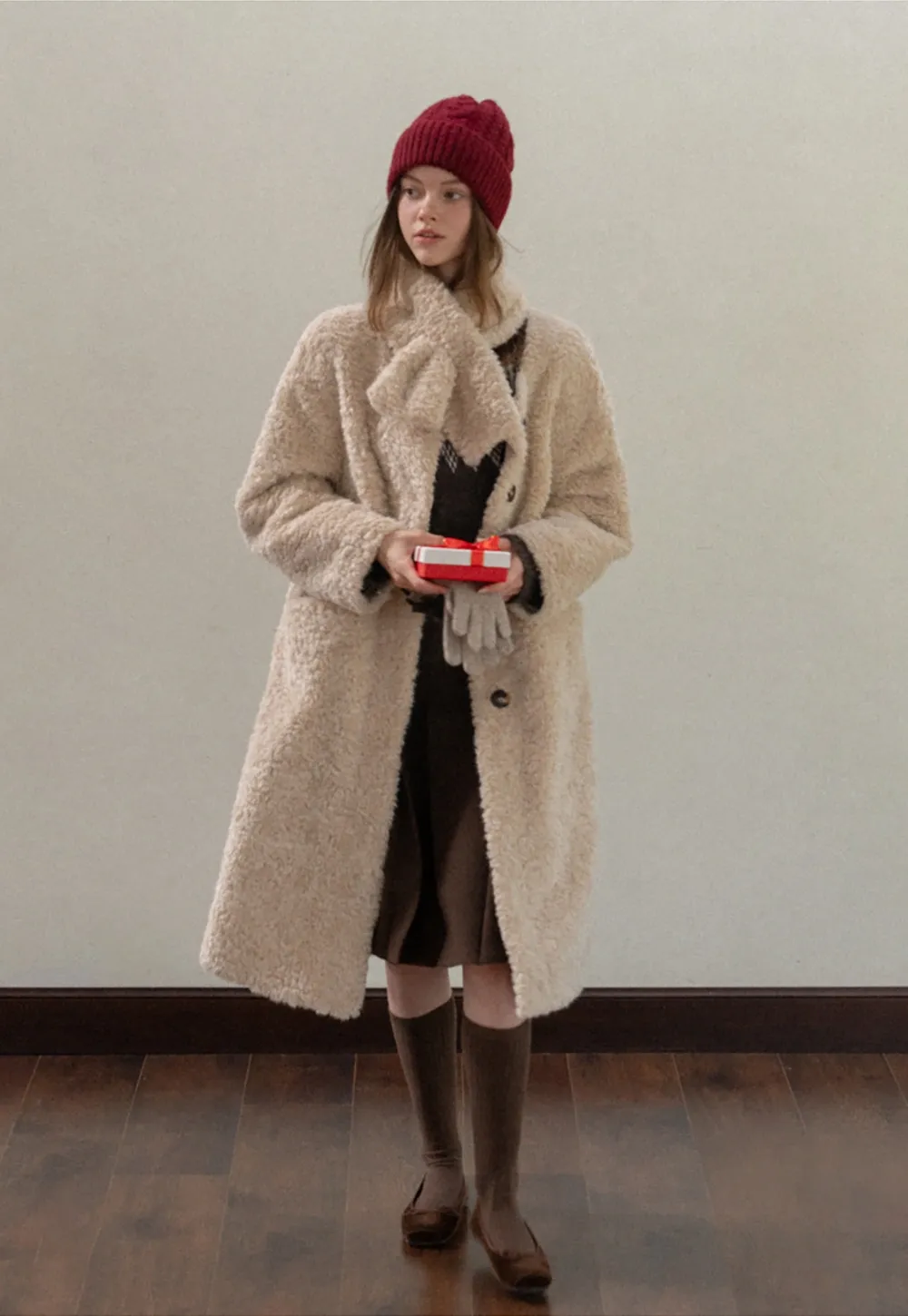 Women Long Fuzzy Teddy Coat with Attached Scarf