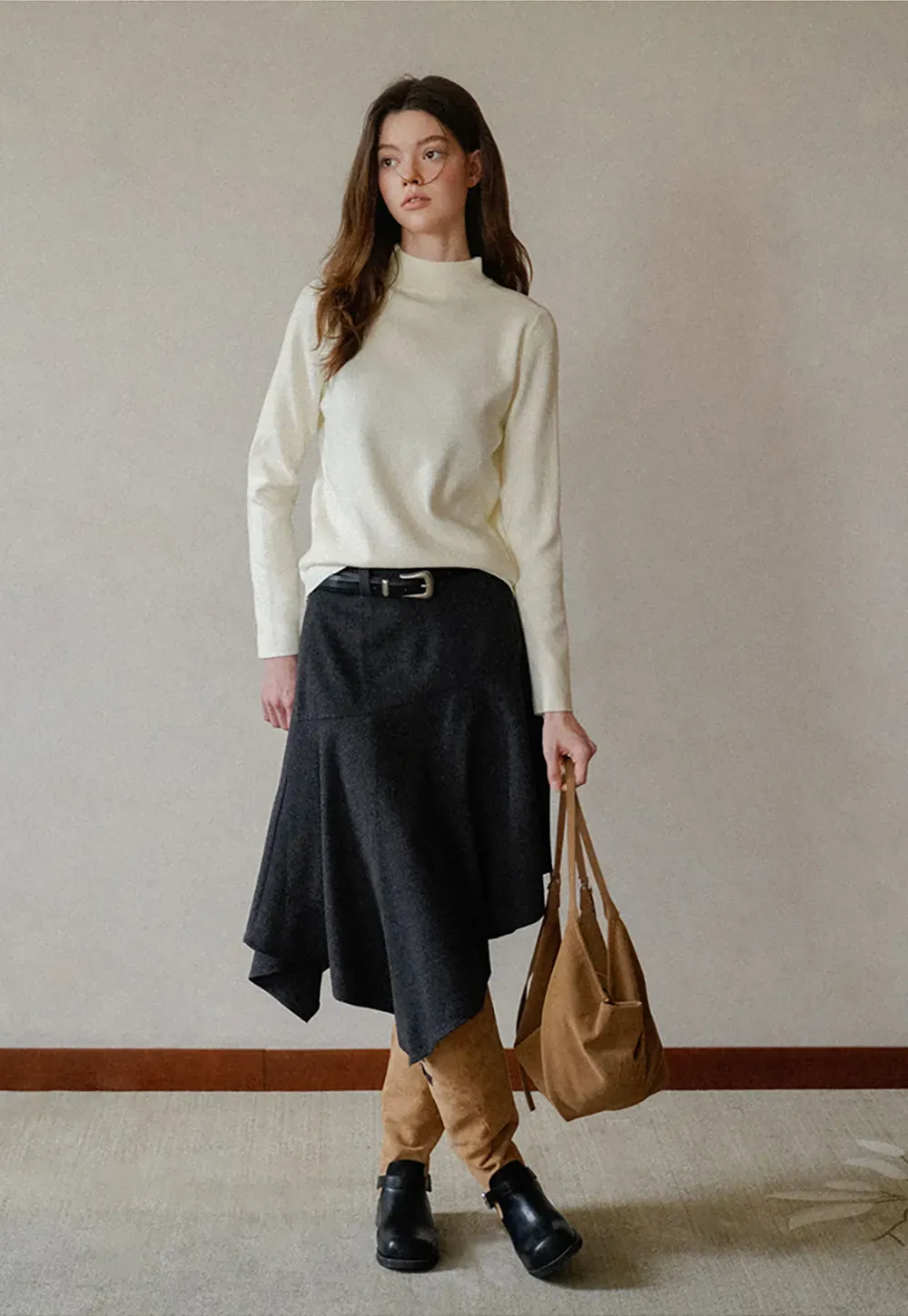Asymmetric Wool-Blend Midi Skirt