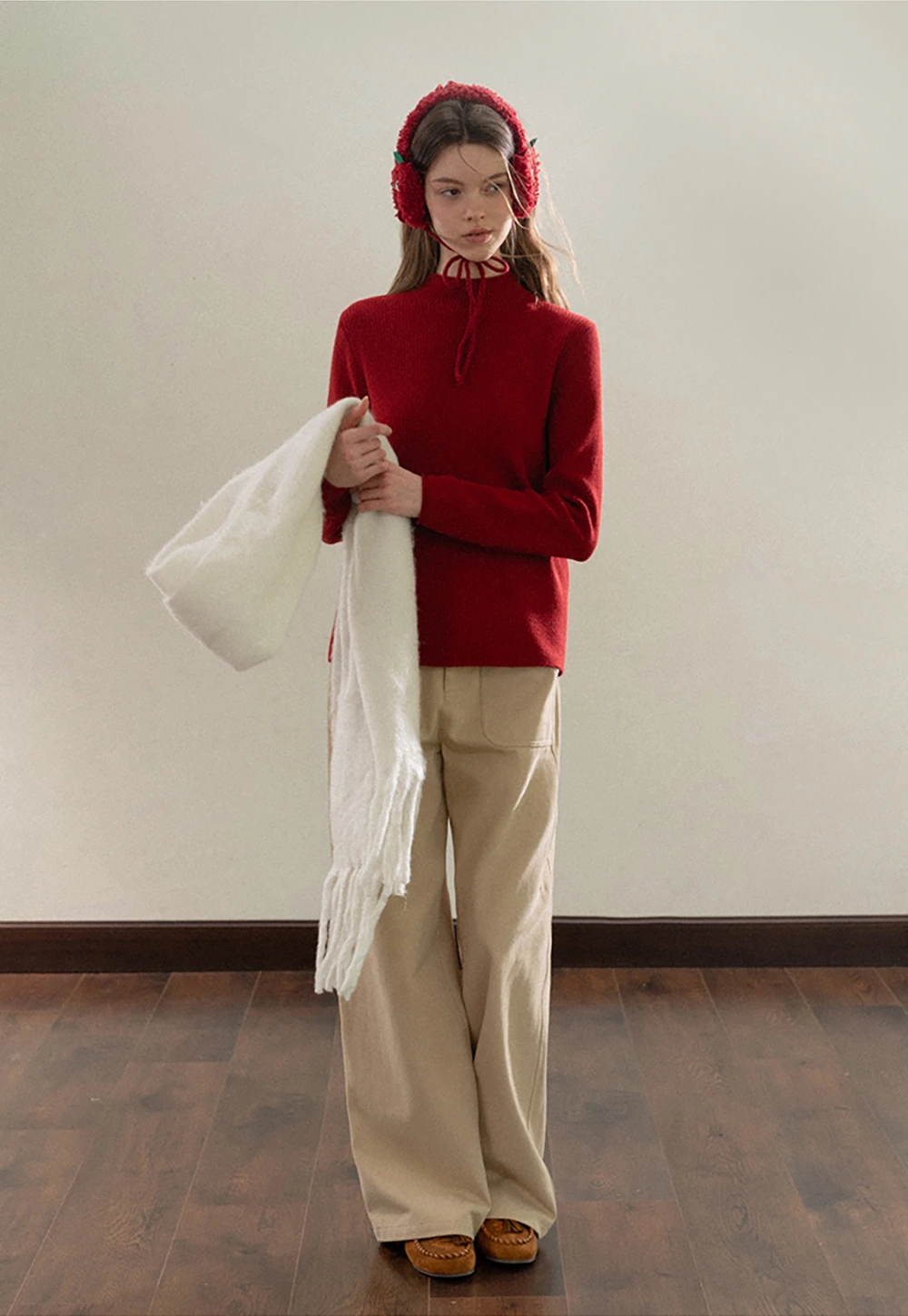 Stand-Collar Ribbed Fleece Knit Top