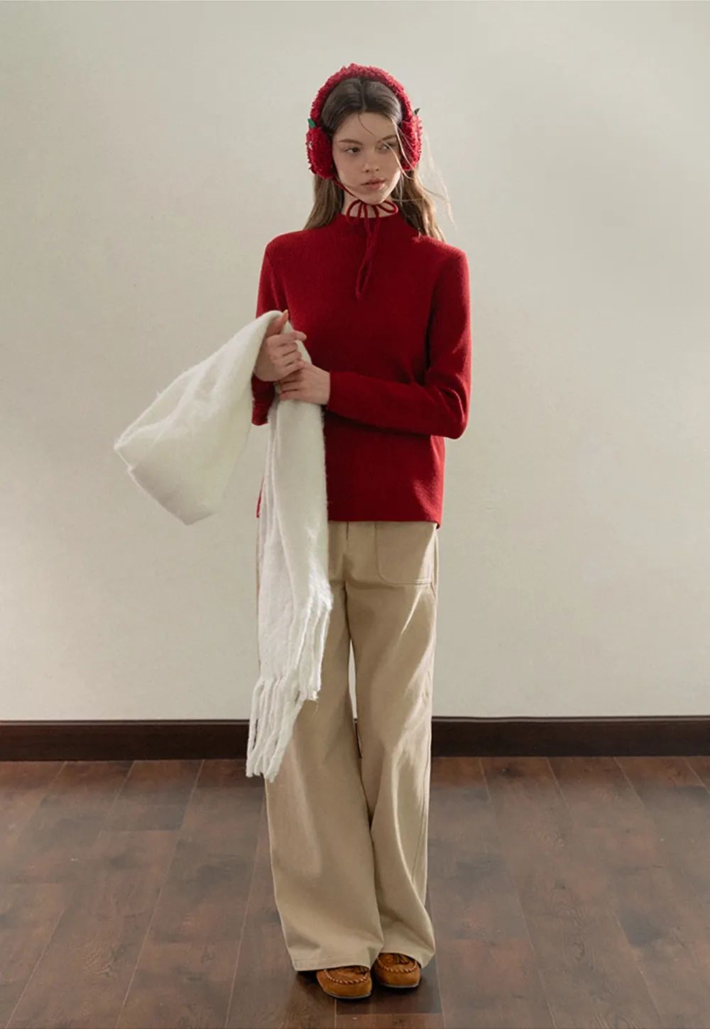 Stand-Collar Ribbed Fleece Knit Top