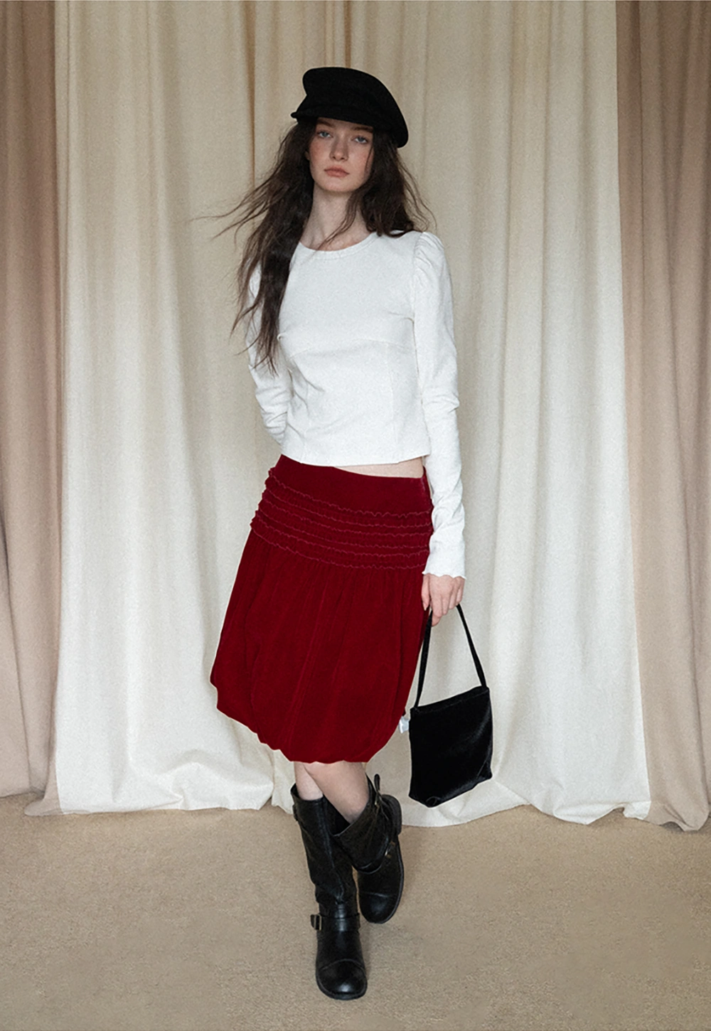 Women Velvet Bubble Skirt with Ruched Waist Design