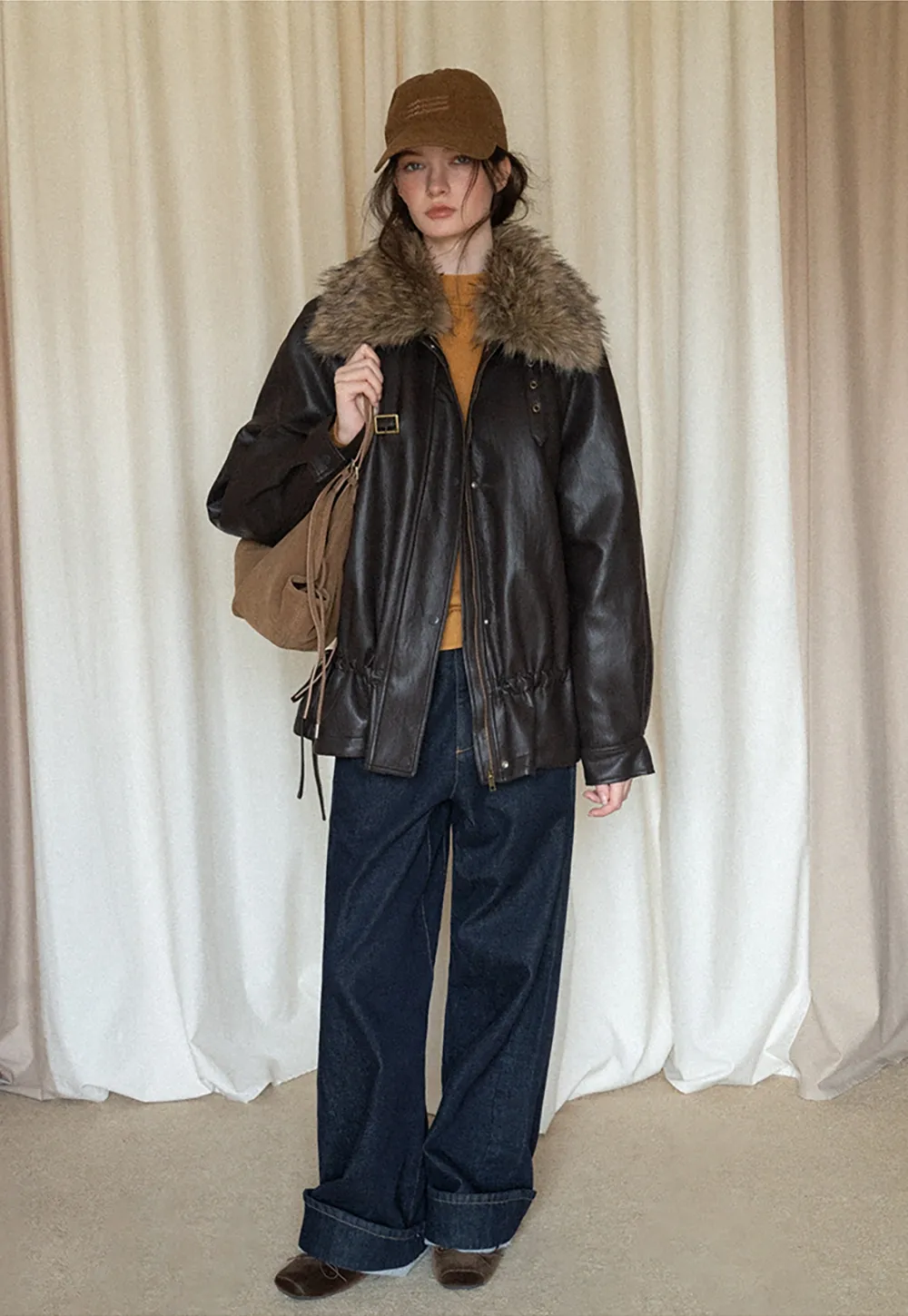 Casual Winter Faux Leather Coat with Soft Fur Collar