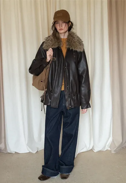 Casual Winter Faux Leather Coat with Soft Fur Collar