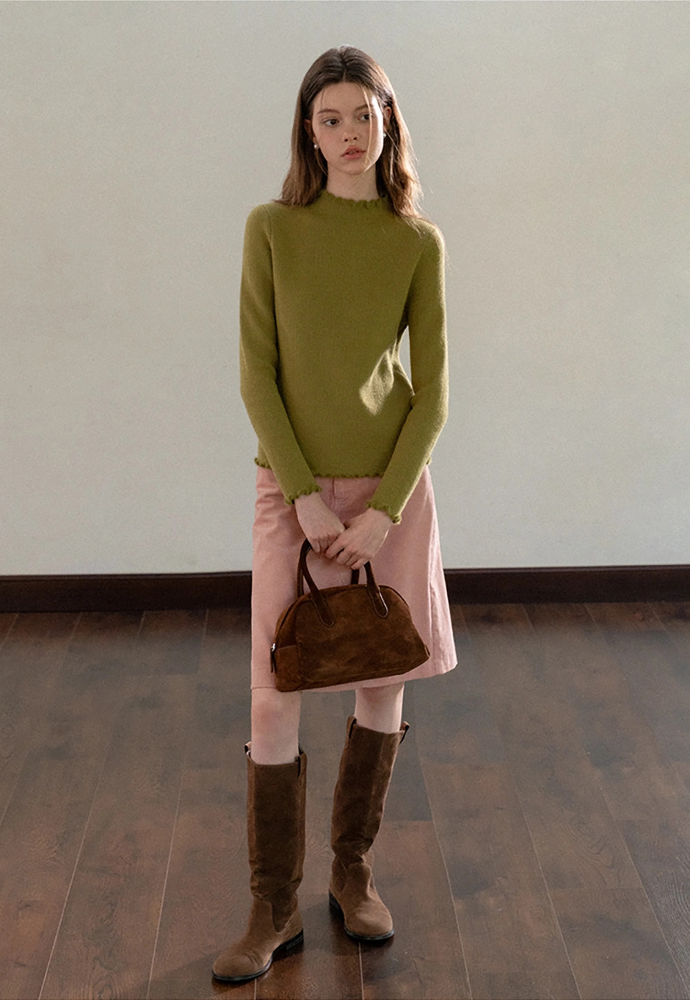 Women Basic Ribbed Sweater with Ruffled Edges