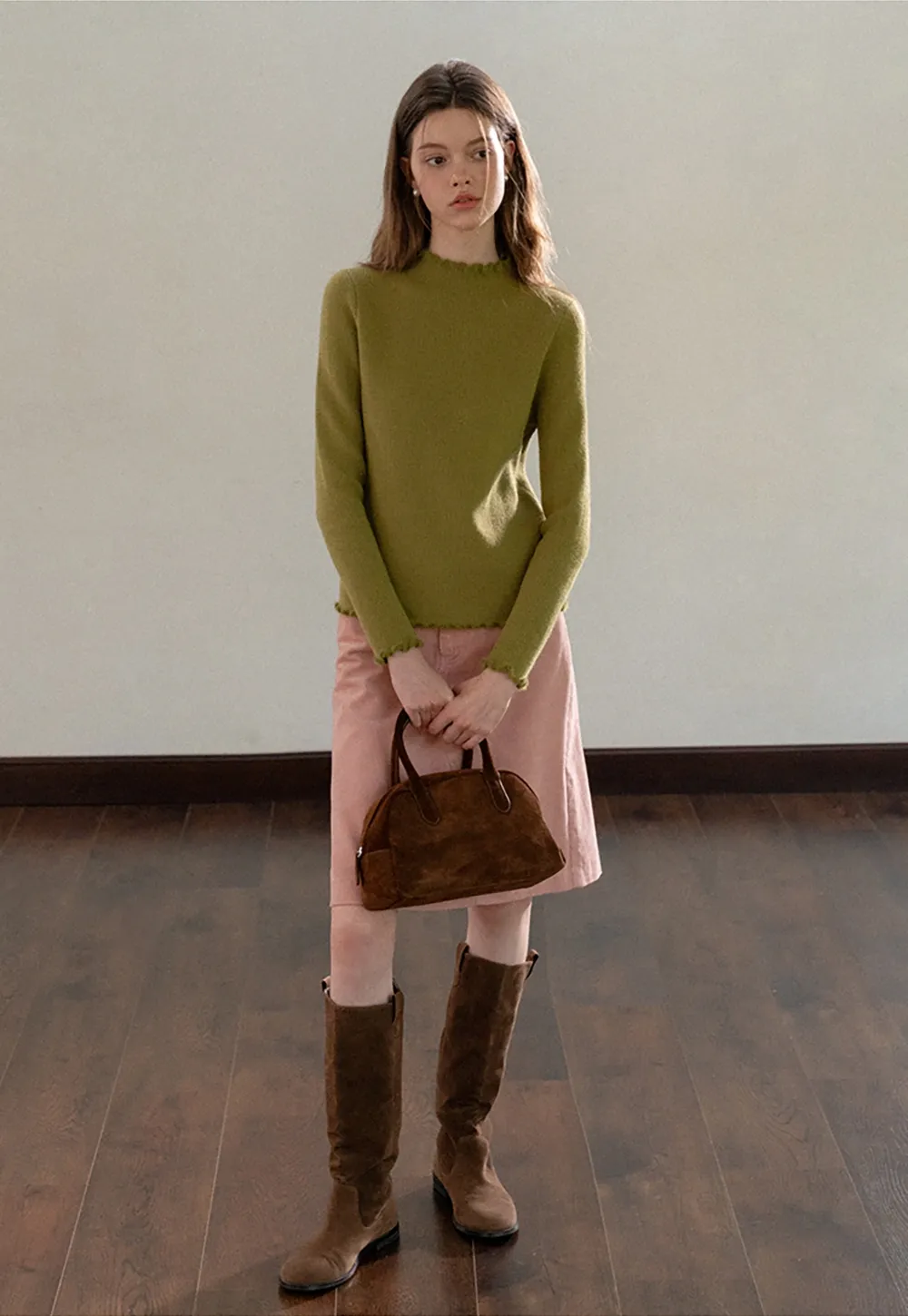 Women Basic Ribbed Sweater with Ruffled Edges