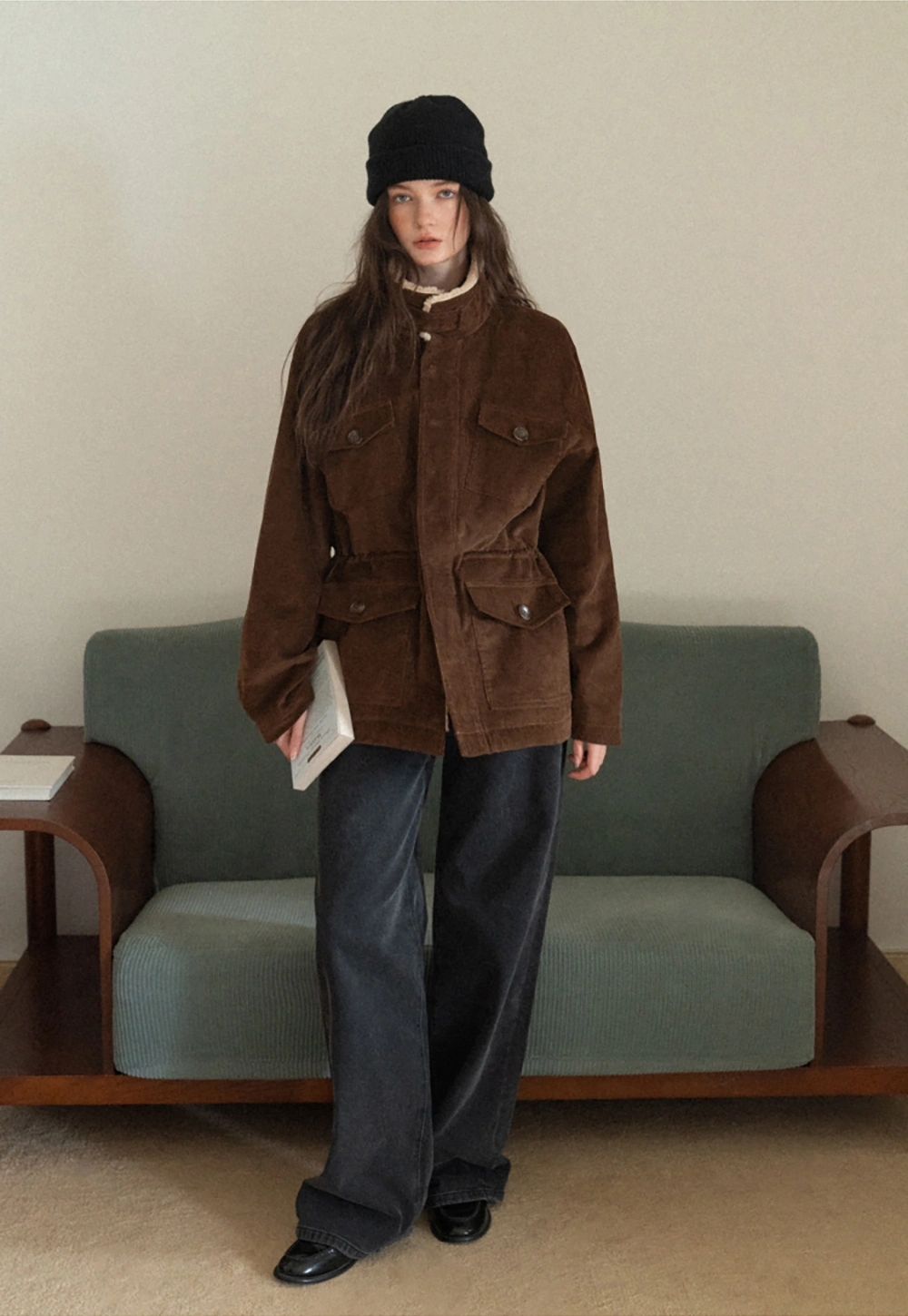 Women Casual Brown Corduroy Coat with Fleece Lining