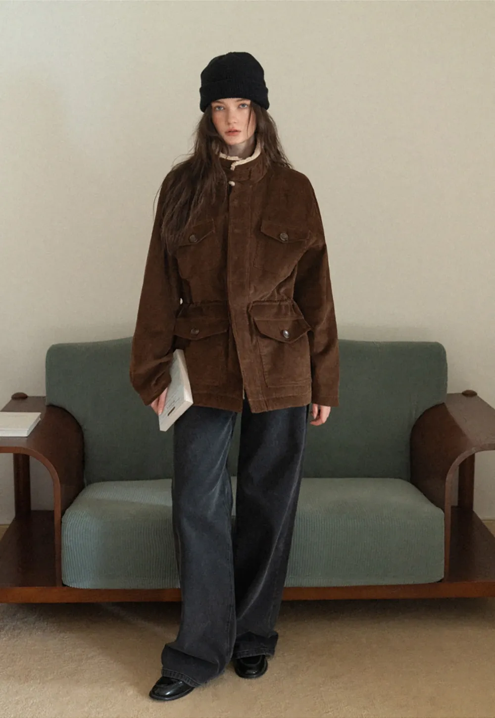 Women Casual Brown Corduroy Coat with Fleece Lining