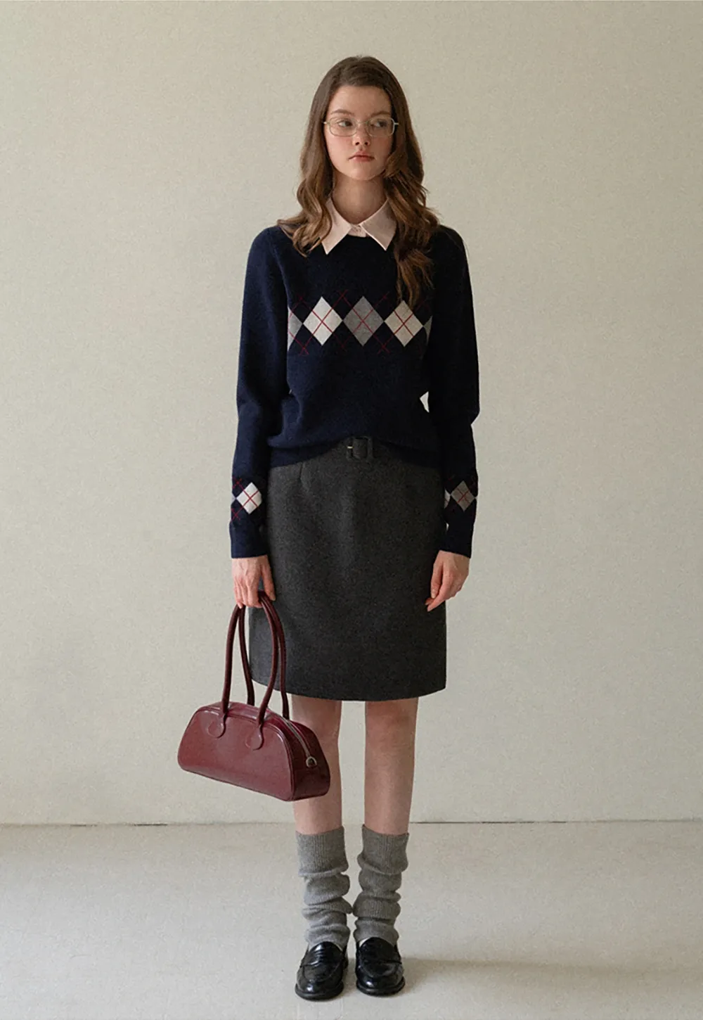 Navy Blue Sweater with Argyle Pattern for Women