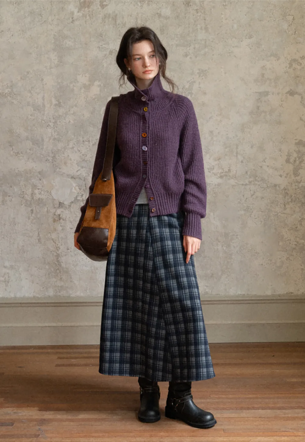 Color Button High Neck Ribbed Cardigan