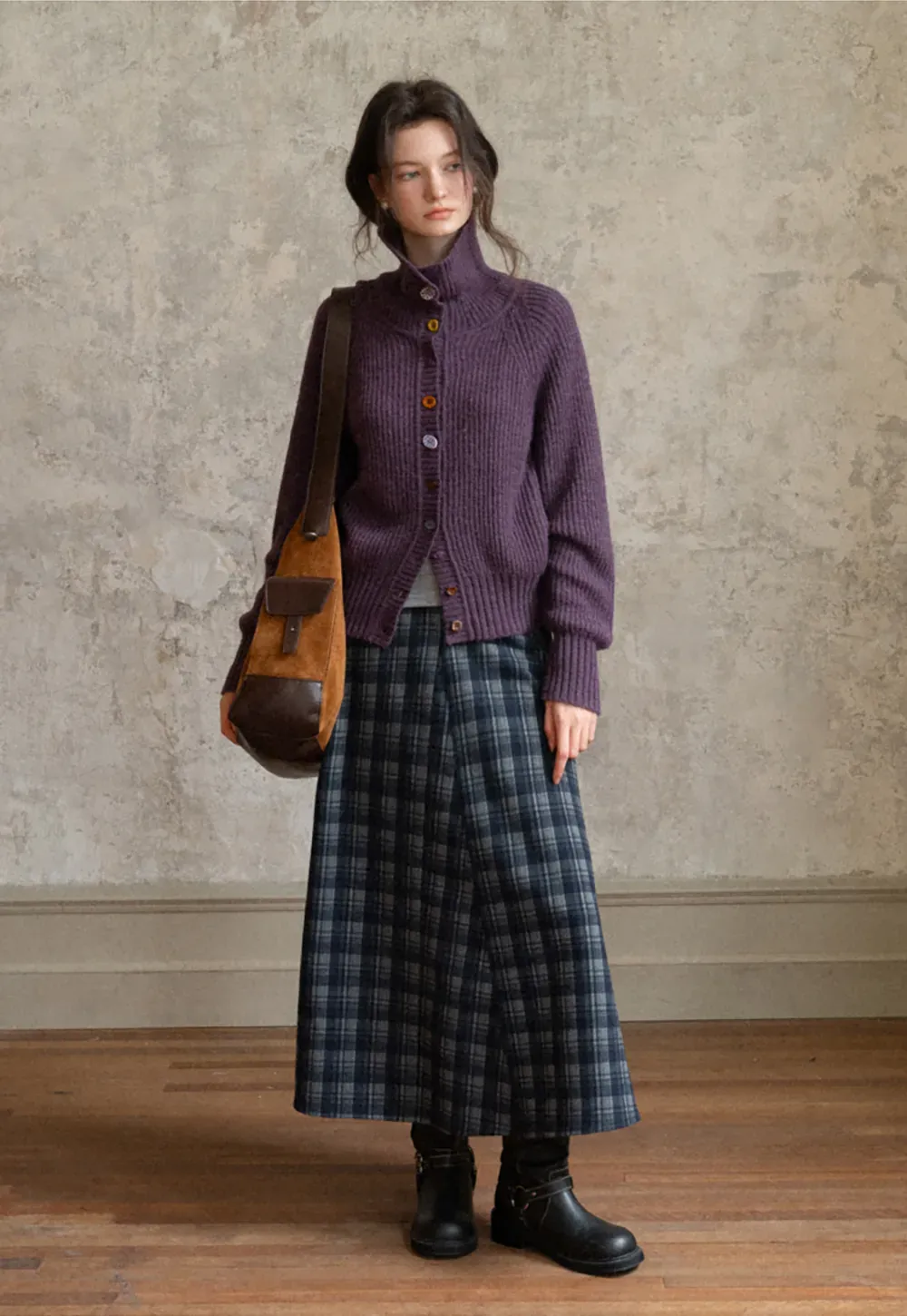 Color Button High Neck Ribbed Cardigan