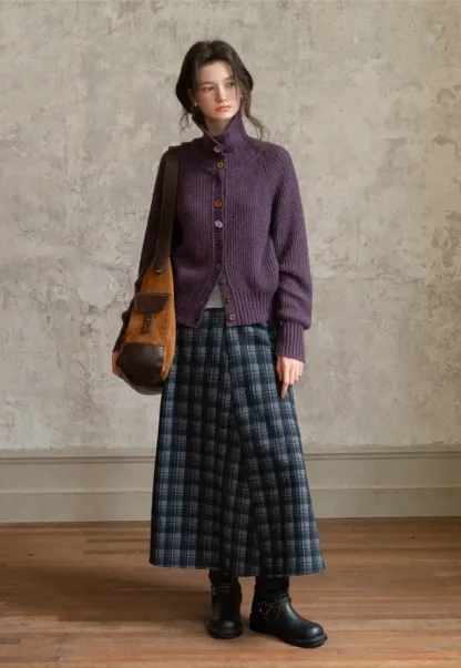 Color Button High Neck Ribbed Cardigan