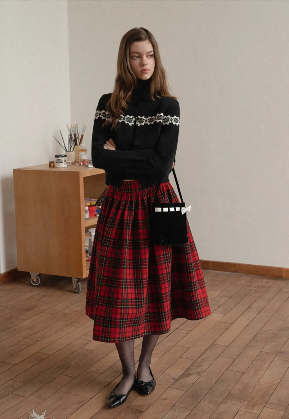 Plaid Midi Skirt with Elastic Waist for Women