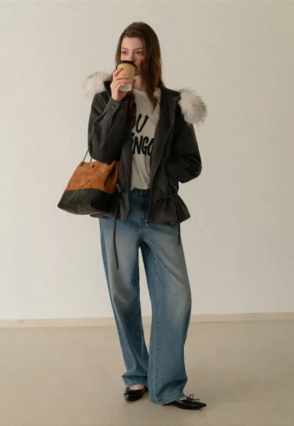 Faux-Fur Trim Hooded Charcoal Jacket