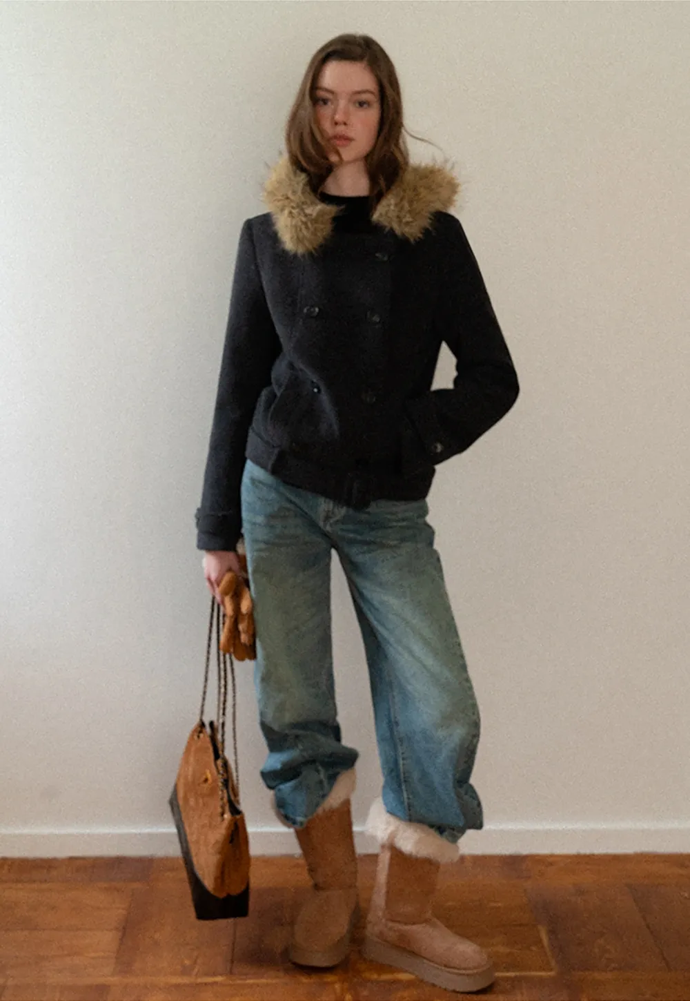 Hooded Wool Coat with Quilted Lining and Wool Collar