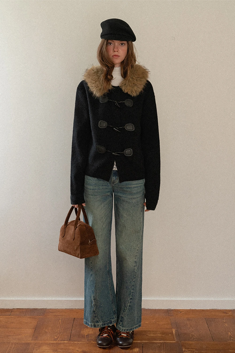 Faux Fur Hooded Cable Knit Sweater