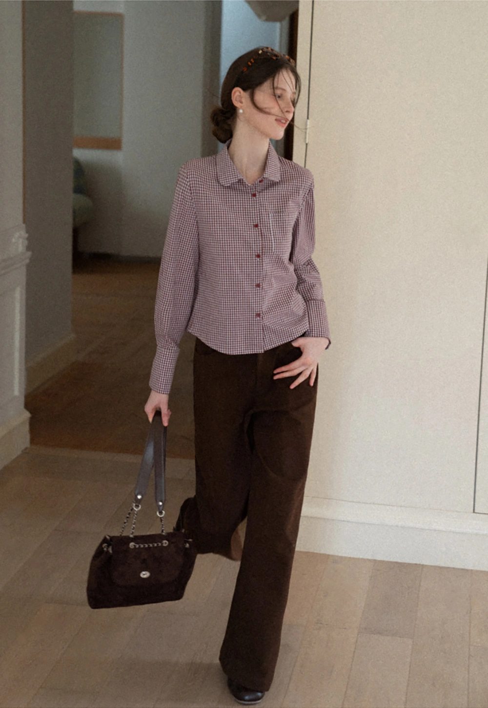 Women Classic Gingham Checkered Button-Up Shirt