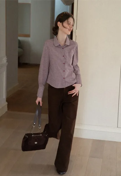 Women Classic Gingham Checkered Button-Up Shirt