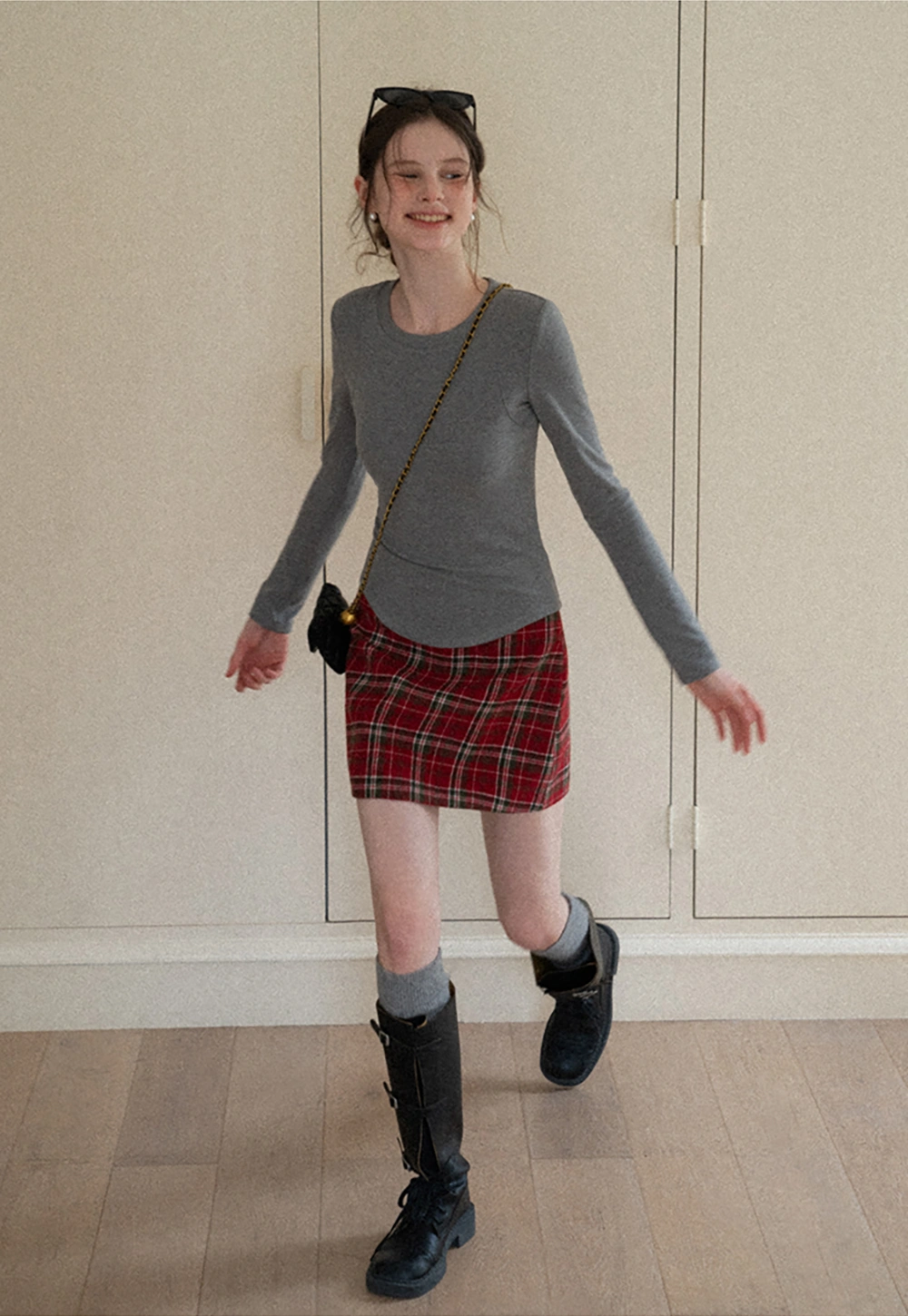 Plaid Mini Skirt and Knee-High Boots Casual Style