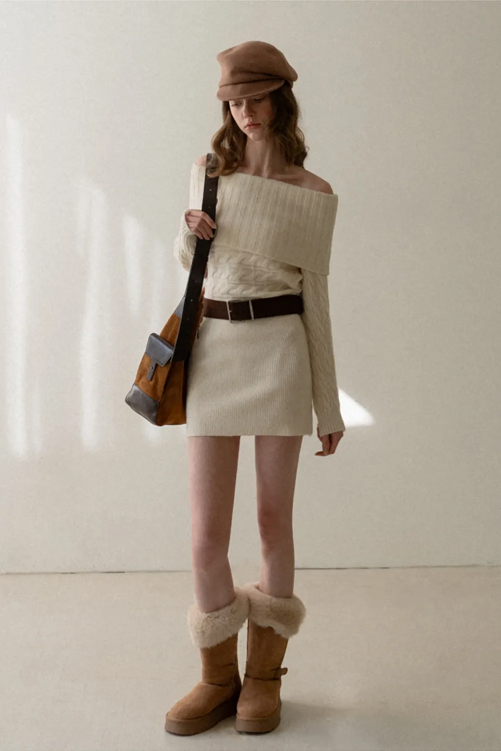 Off-Shoulder Cable Knit Waist-Cinching Dress