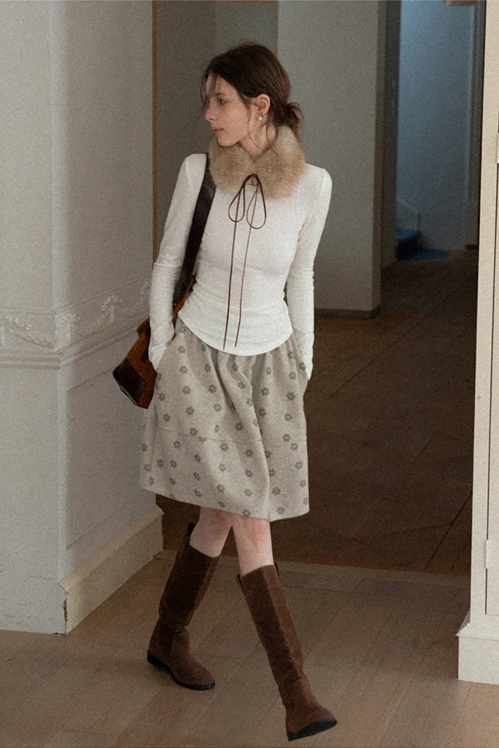 Floral Print Woolen Puff Skirt