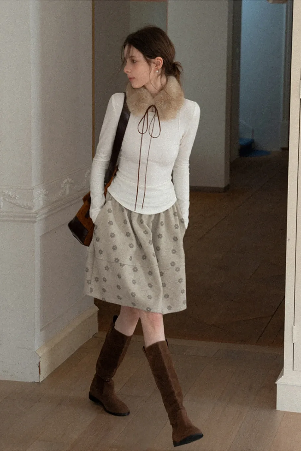 Floral Print Woolen Puff Skirt