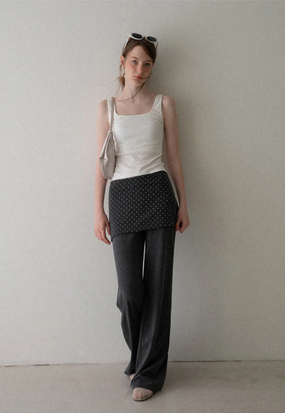 Polka Dot Overlay High Waist Wide Leg Casual Pants