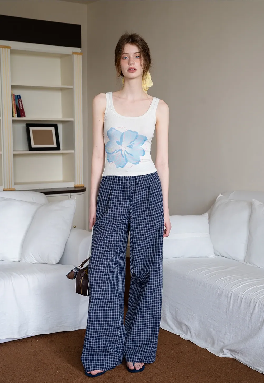Women's Plaid Wide Leg Lounge Pants with Elastic Waist
