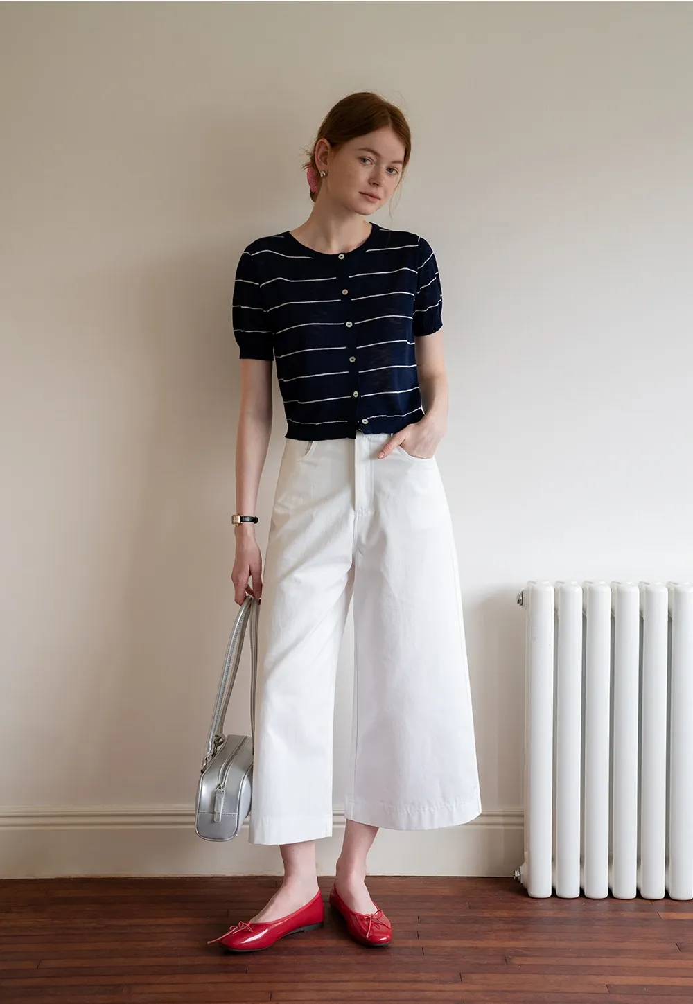 Women’s Striped Button-Down Short-Sleeve Cardigan