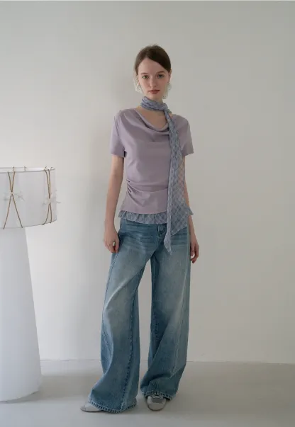 Draped Neck Top and Ruffle Hem