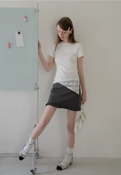 Asymmetric Hem T-Shirt with Lace Panel