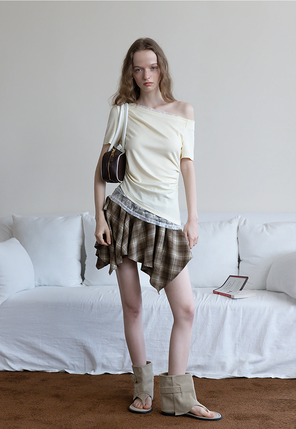 Asymmetrical Off-Shoulder Tee with Lace Hem