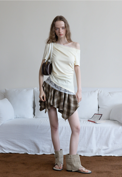 Asymmetrical Off-Shoulder Tee with Lace Hem
