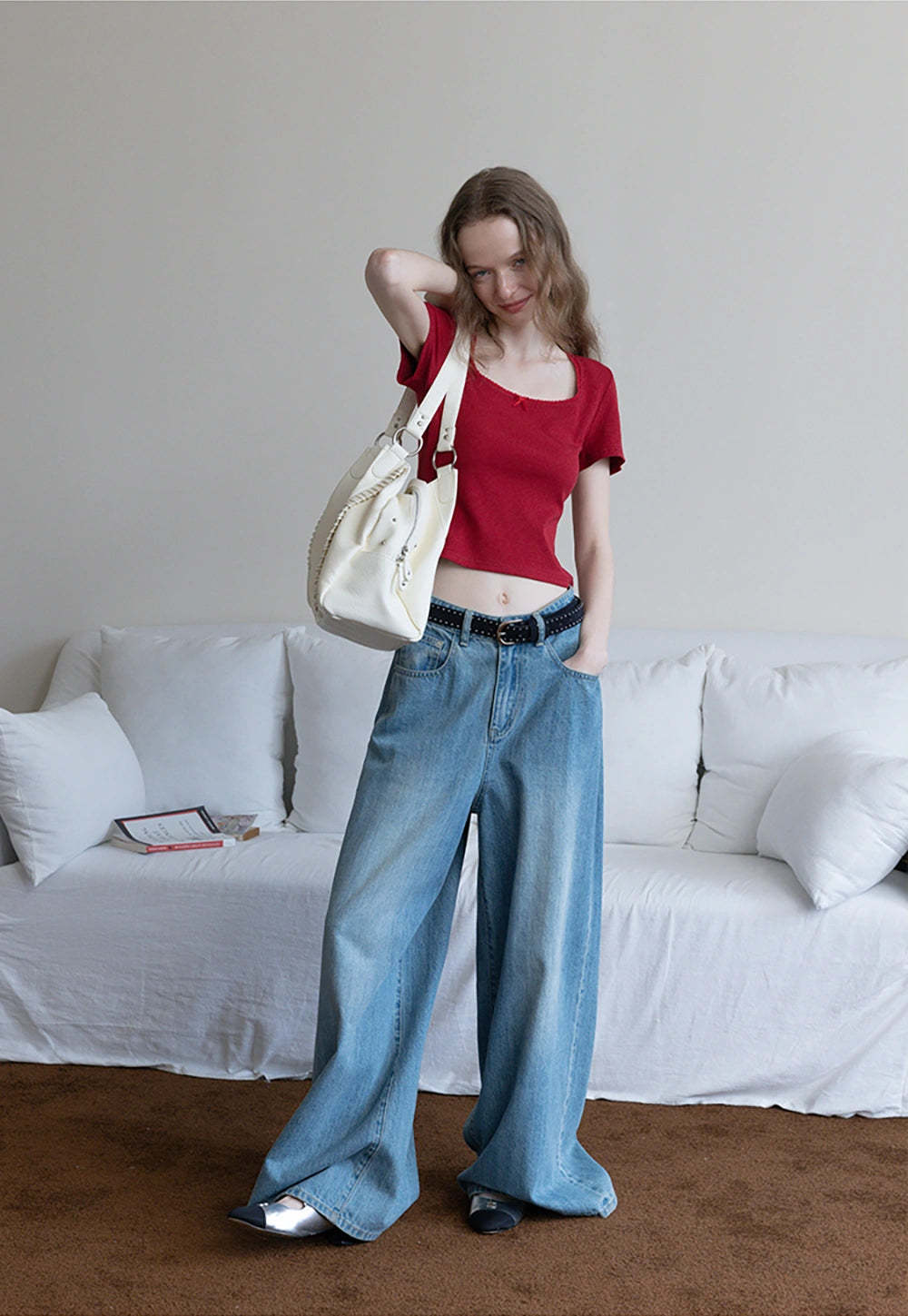 Square Neck Ribbed Tee with Bow Detail