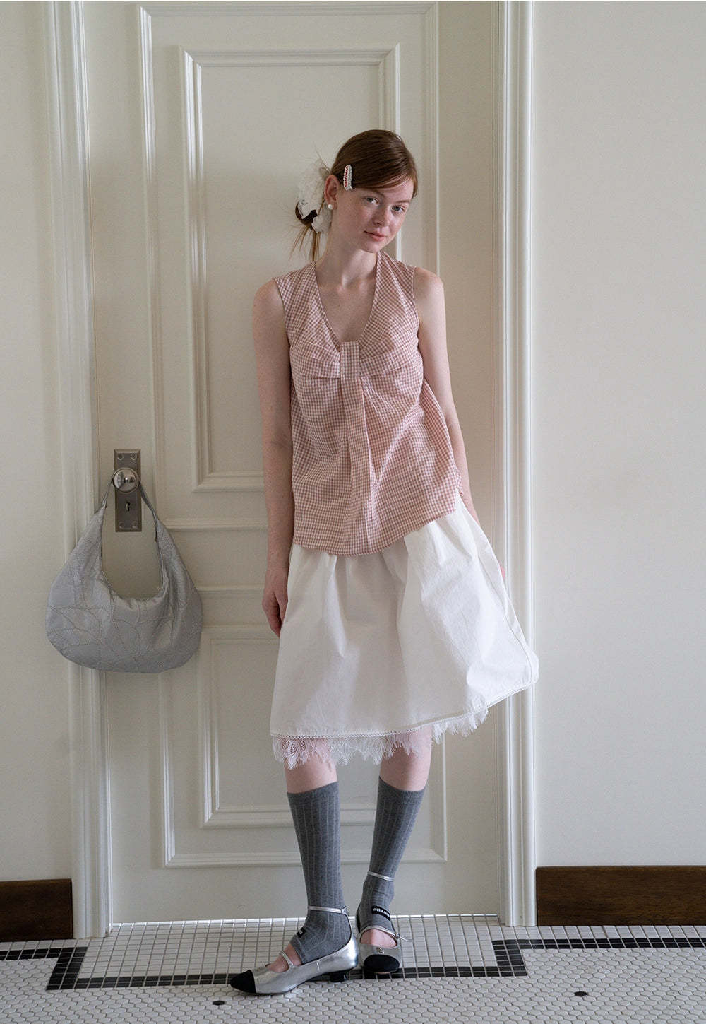 Bow Tie Pleated Textured Plaid Vest Top