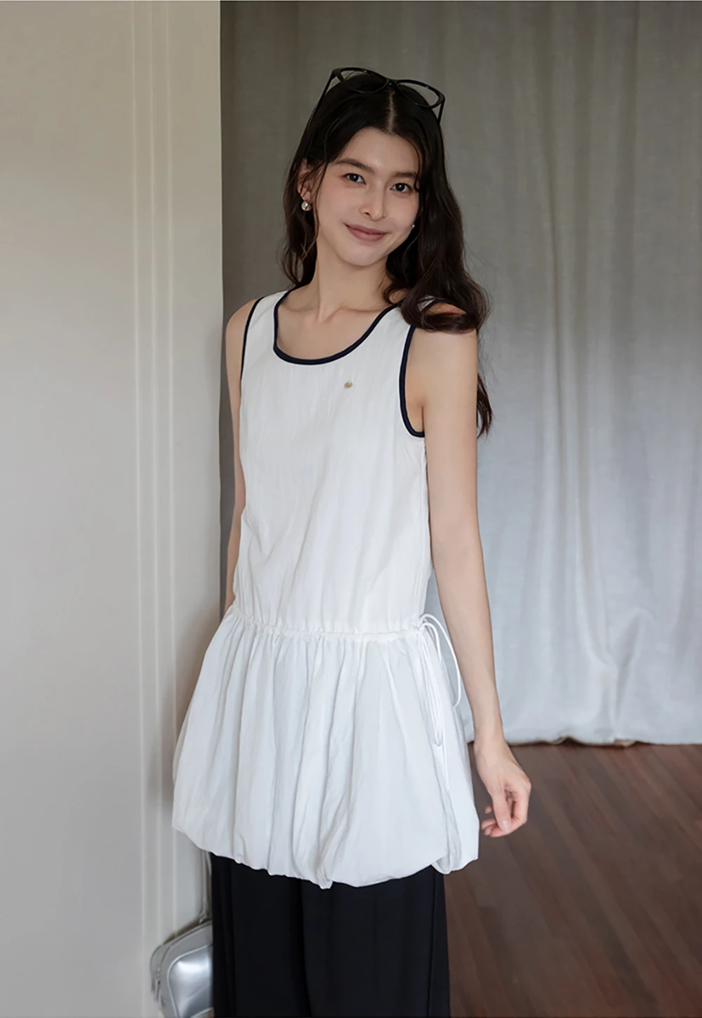 Women's Sleeveless Bubble Hem Mini Dress with Drawstring