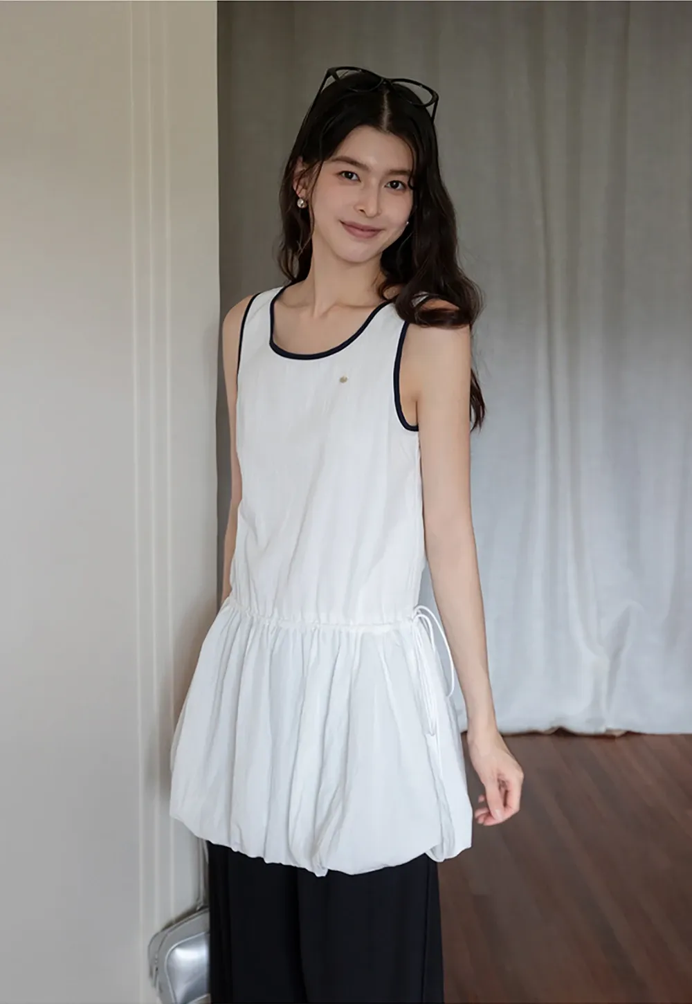 Women's Sleeveless Bubble Hem Mini Dress with Drawstring
