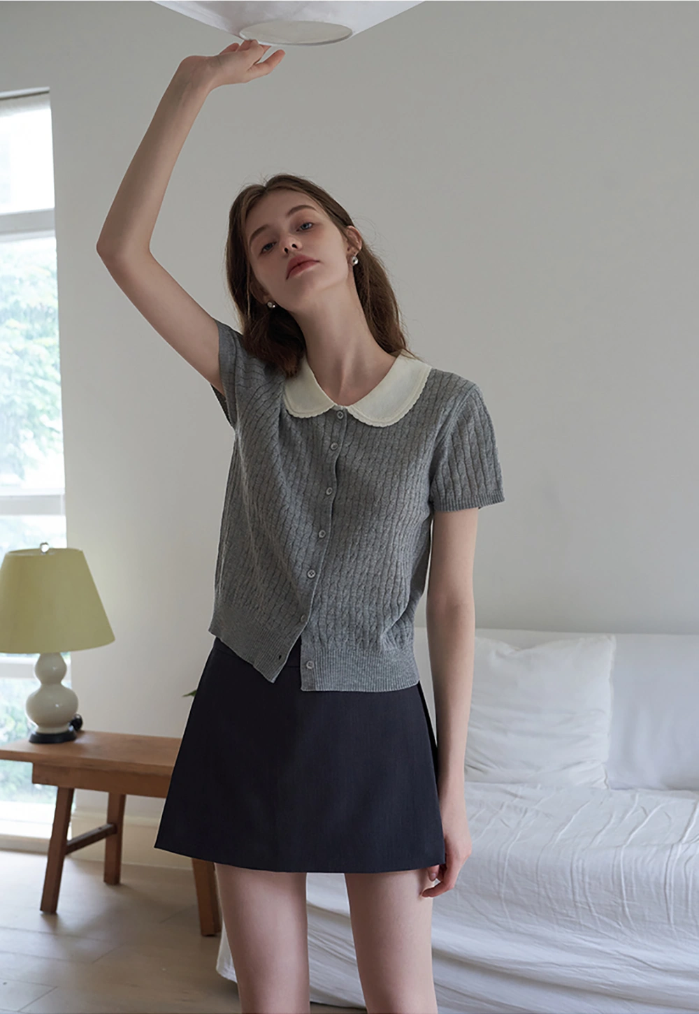 Women's Contrast Peter Pan Collar Cable Knit Cardigan