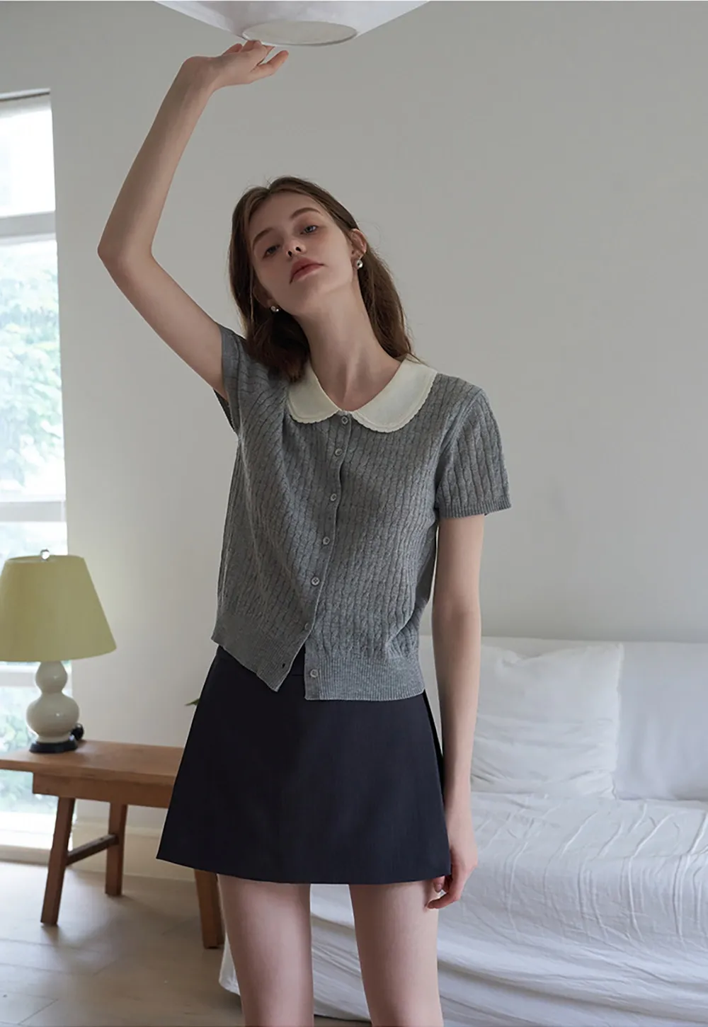 Women's Contrast Peter Pan Collar Cable Knit Cardigan