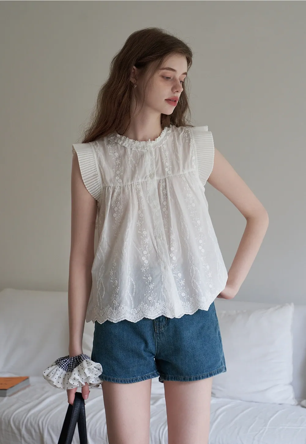Women's Embroidered Ruffle Cap Sleeve Babydoll Blouse