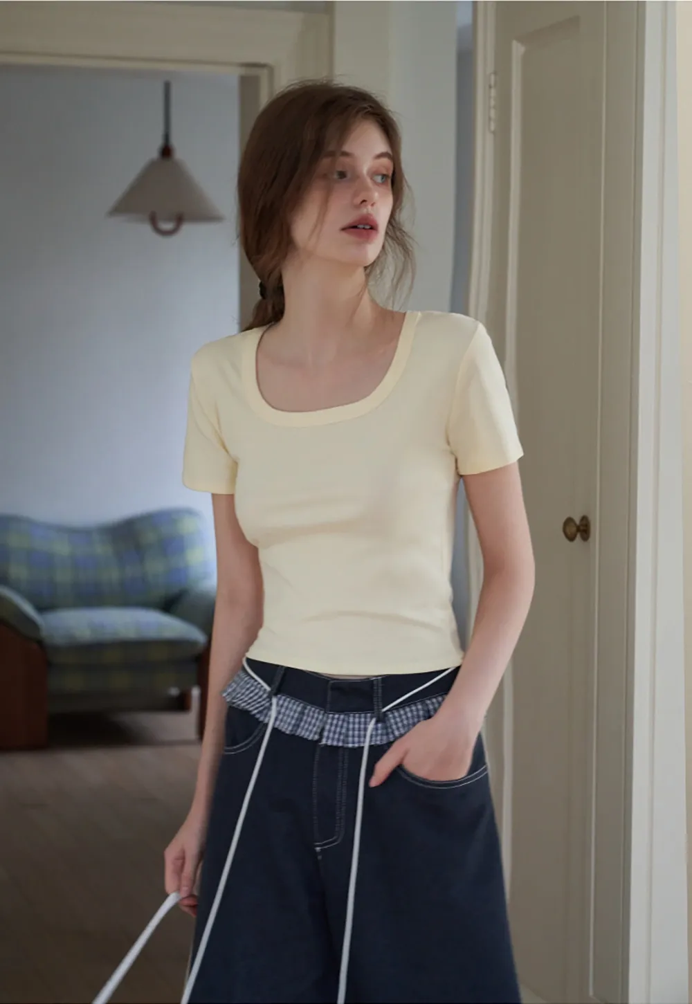 Women's Solid Square Neck Fitted T-Shirt And Tank Top