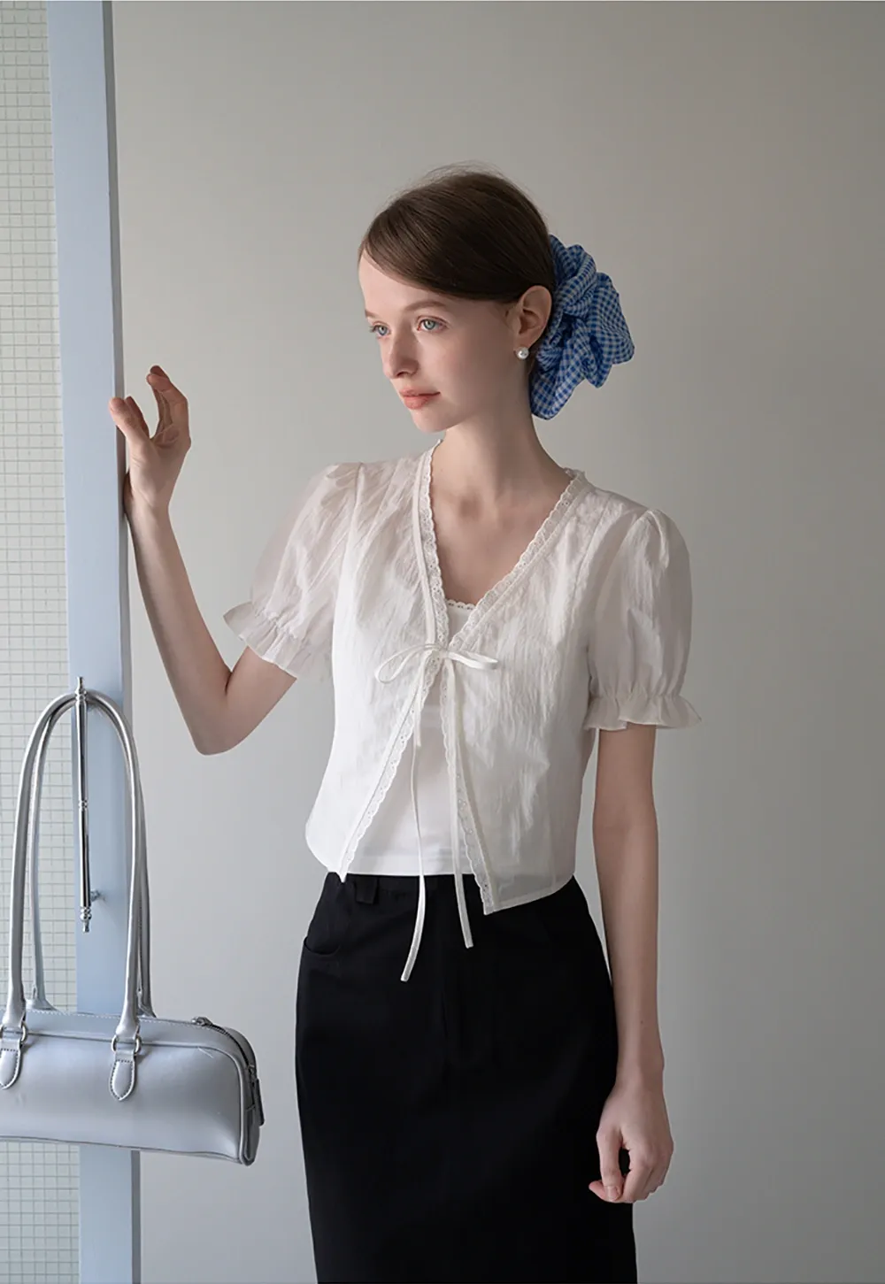 Eyelet Trim Puff Sleeve Tie-Front Blouse