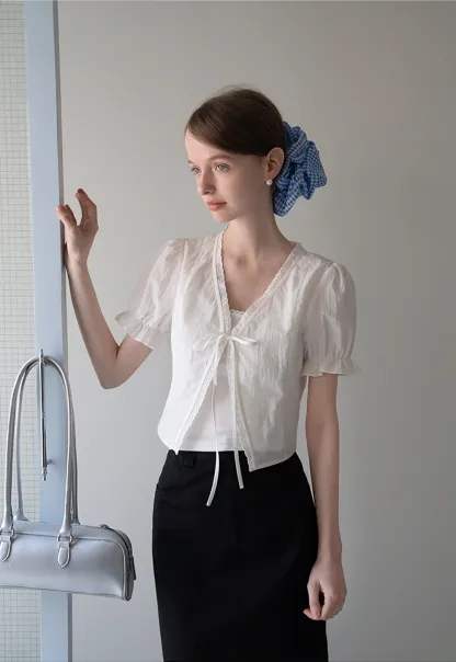 Eyelet Trim Puff Sleeve Tie-Front Blouse