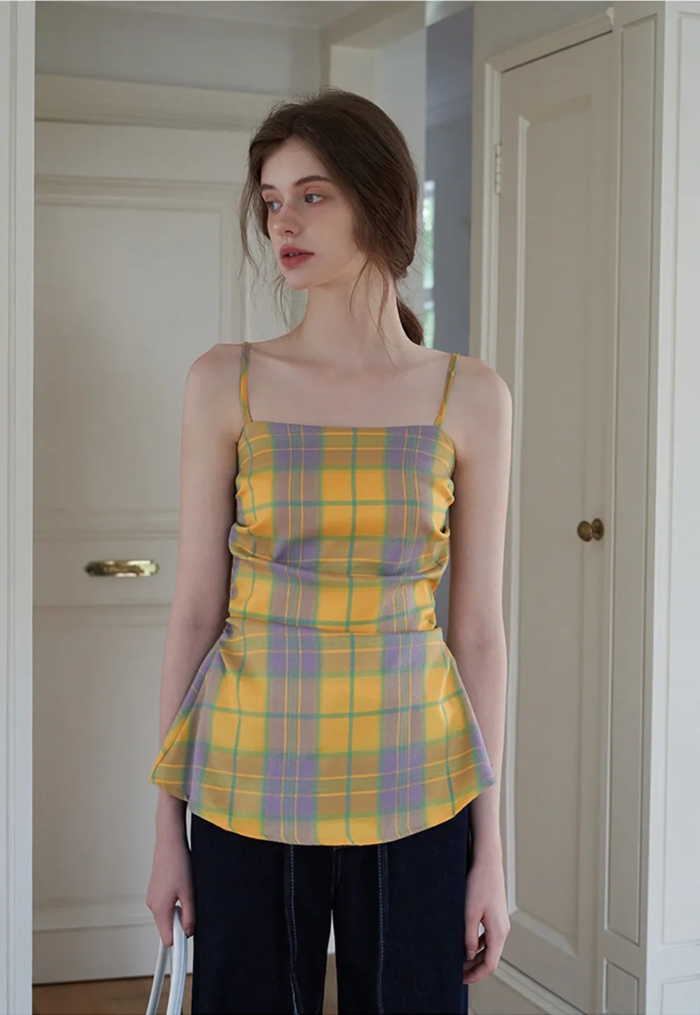 Women's Contrast Plaid Waist-Cinching Cami Top