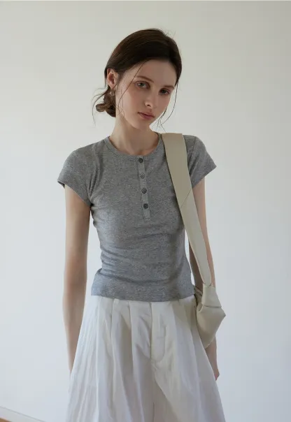 Basic Rib Knit Henley Tee for Women
