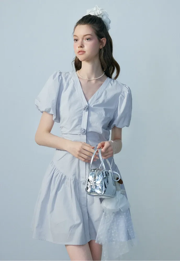 Women's V-Neck Puff Sleeve Mini Dress