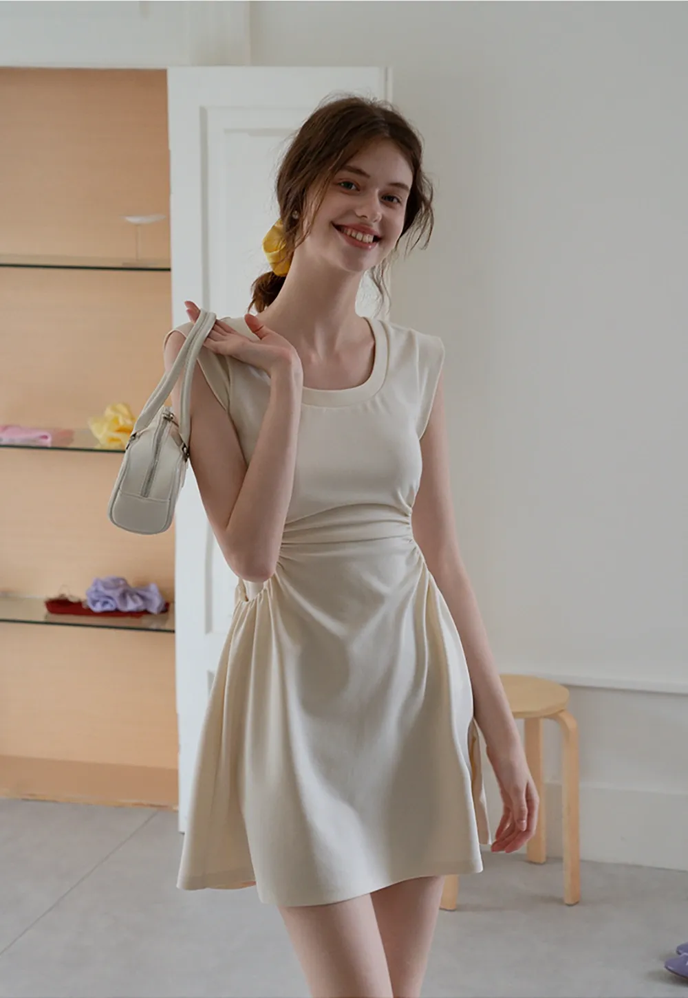 Women’s Ruched Waist Cap-Sleeve Mini Dress
