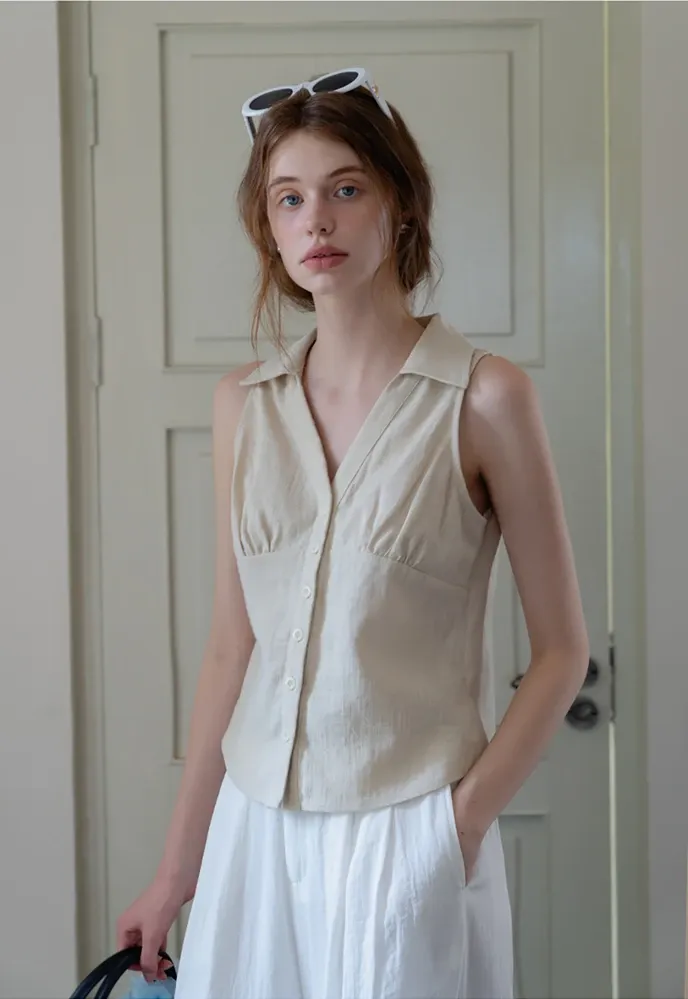 Women’s Linen Collared Button-Front Sleeveless Top