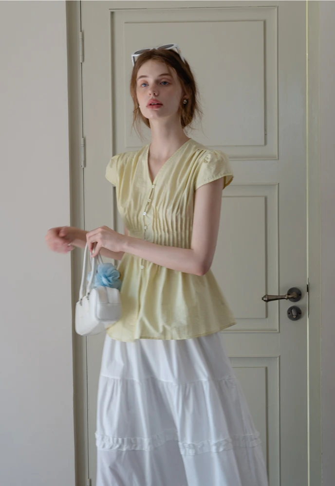 Women’s Pleated V-Neck Button Peplum Blouse