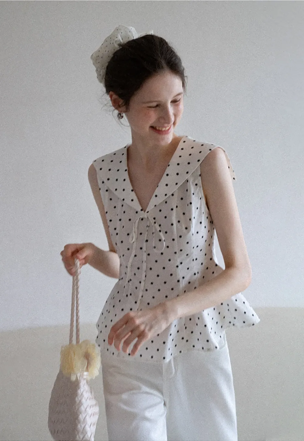 Polka Dot Sailor Collar Blouse
