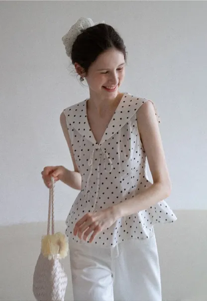 Polka Dot Sailor Collar Blouse